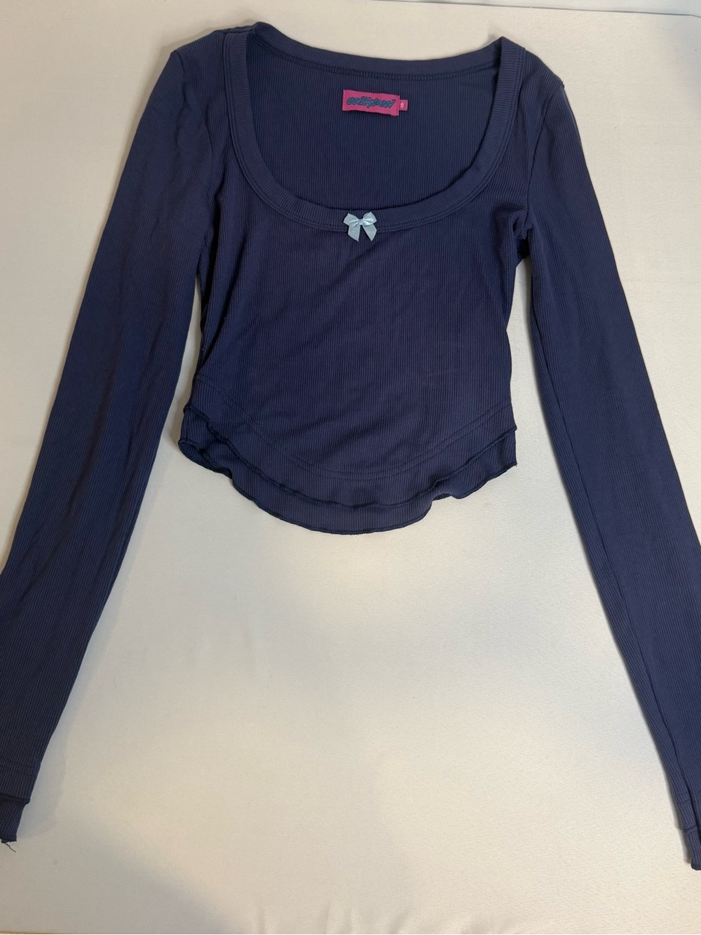 Edikted Ribbed Long Sleeve Crop Top Purple Bow XS